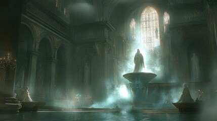 Person Standing by a Fountain in a Grand Hall with Arches
