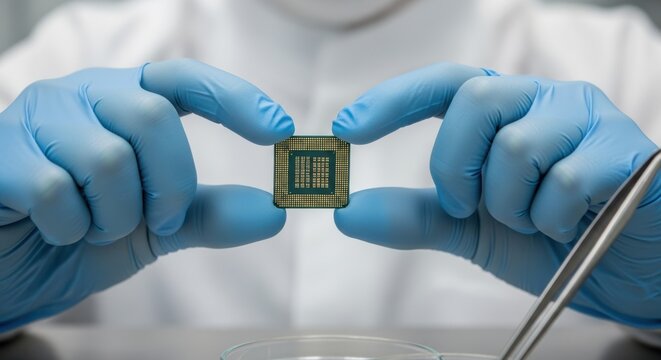 Close-Up Examination of a Microprocessor in a Lab Setting with Focus on Technology and Innovation