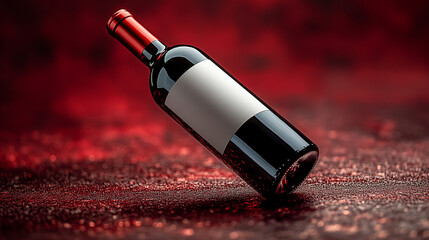 Floating red wine bottle with blank label on elegant dark red background for product display.
