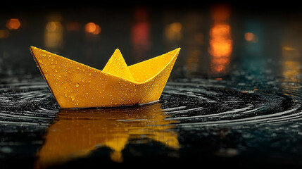 Yellow paper boat floating alone on dark water, symbolizing hope and resilience.
