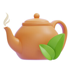 PNG 3D Herbal Tea Pot with Steam and Leaves Illustration Isolated on a White Background