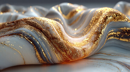 Abstract cream and gold marble texture with flowing organic design and metallic glitter veins.