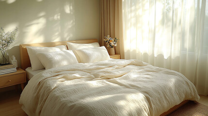 Minimalist bedroom with cream bedding and morning sunlight, peaceful aesthetic interior design.