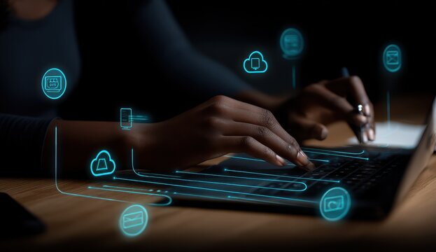 Close-up of person working on laptop with overlaying cloud computing icons