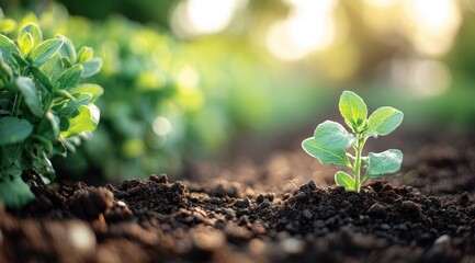 Young sprout emerging from dark soil, sunlit