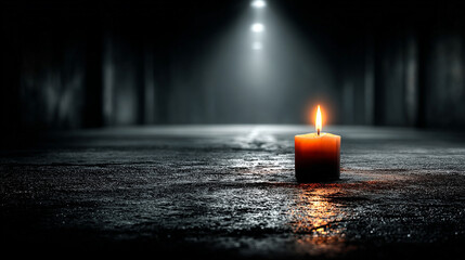 Single lit candle in dark concrete room casting soft shadows in minimalist hope concept.