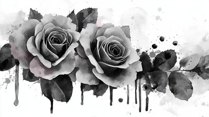 Elegant monochrome watercolor rose border with artistic ink drips and grunge texture overlay, high contrast black and white floral design.
