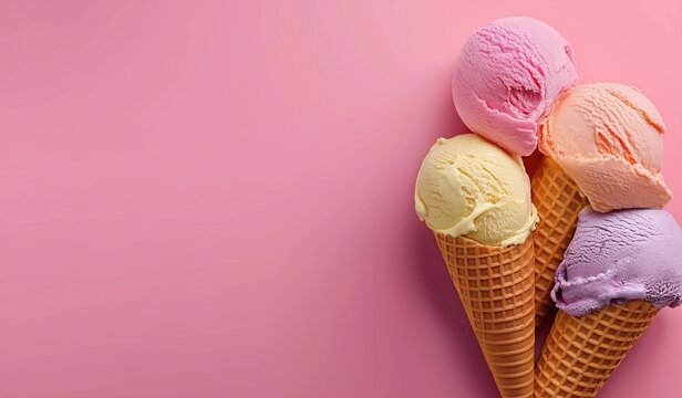 Vibrant tropical gelato cones with assorted flavors on soft pink pastel background, summer dessert concept with textured details and copy space for advertising or design