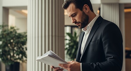 A focused businessman reviews important documents while standing in a modern, elegant building.