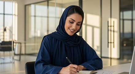 A smiling woman in a hijab thoughtfully writes in a notebook at her desk in a modern .