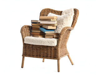 A comfortable wicker armchair with soft cushions is filled with a large stack of books, isolated on a white background for a reading concept.