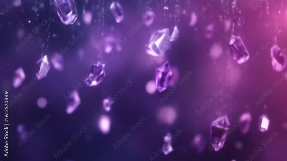 Poster abstract crystal rain animation background with floating particles and purple light