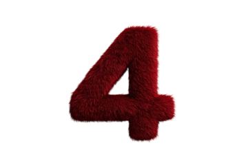 Furry Red Number Four Plush Toy with Soft Texture on Transparent Background