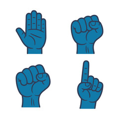 Illustration of four hand gestures including open palm, fist, and pointing finger in blue color scheme