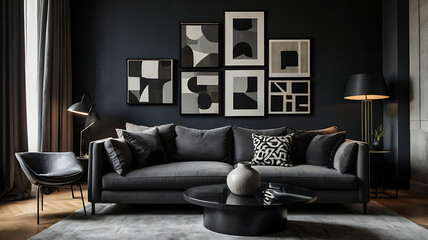 Elegant dark-themed living room interior with a grey sofa and a gallery wall of abstract art. Modern home decor asset.