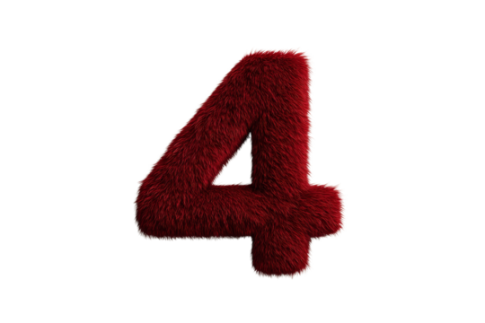 Furry Red Number Four Plush Toy with Soft Texture on Transparent Background