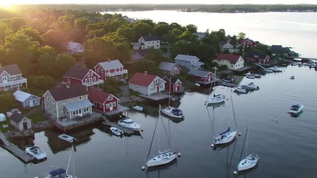 Scenic coastal village with red-roof houses and boats on calm water
