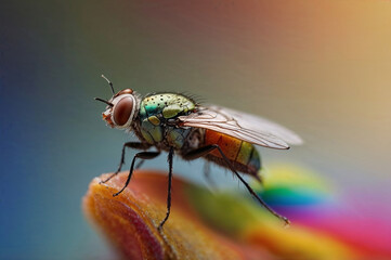 A vibrant fly stands on a shimmering rainbow-like surface