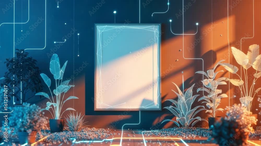 Poster a modern minimalist interior scene featuring a blank frame on a wall adorned with digital patterns s