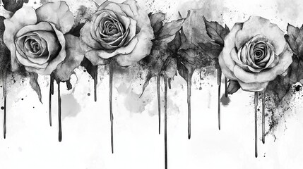 Elegant monochrome watercolor rose border with artistic ink drips and grunge texture overlay, high contrast black and white floral design.