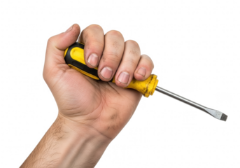 Hand holding a yellow and black screwdriver isolated on transparent background