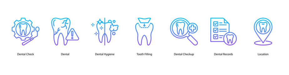 Routine dental check web banner icon vector illustration with Dental Check, Dental, Dental Hygiene, Tooth Filling, Dental Checkup, Dental Records, and Location.