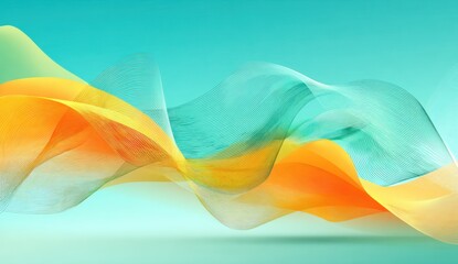 Abstract flowing waves of orange, yellow, and teal against a smooth, gradient background, creating a sense of movement and ethereal beauty