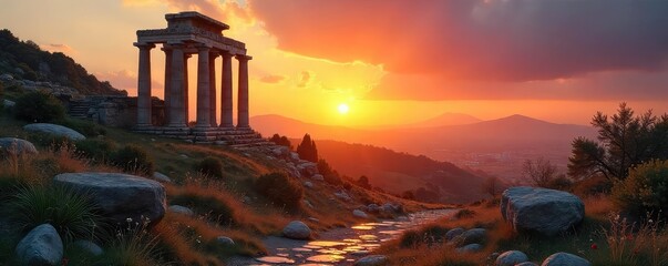Serene sunrise over ancient Roman ruins, inspiring quiet contemplation and inner peace Perfect for mindfulness, history, travel, and spirituality themes , peaceful, roman empire