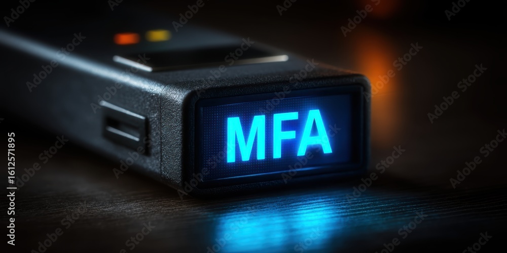 Poster mfa, multi-factor authentication, is symbolized by a close-up of a black hardware security key devic