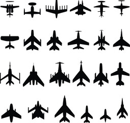 Silhouette collection of military aircraft top views, flat vector CAD drawing, black fighter jet airplane icons isolated on white background