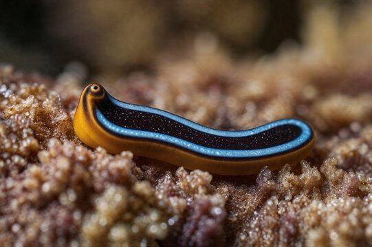 A vividly colored flatworm glides along a surface, displaying its striking body patterns