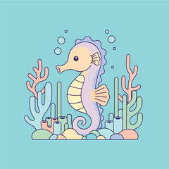 Cute Seahorse Cartoon Illustration with Coral Reef and Bubbles Underwater World for Kids and Children Books