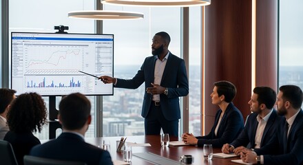 A diverse team of professionals listens attentively as a confident speaker presents financial data on a large screen during a business meeting in a modern .