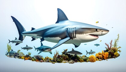 Fototapeta premium Great white shark in coral reef scene