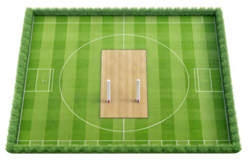 An aerial view of a cricket pitch with wickets and boundary lines, surrounded by grass, isolated on white isolated on transparent background