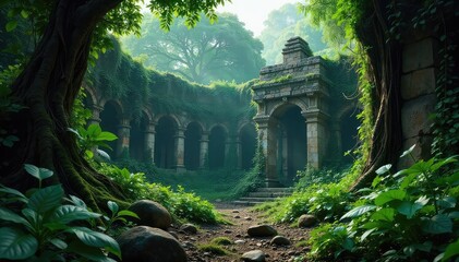 Overgrown ruins of a forgotten civilization swallowed by the relentless jungle Ancient stones, creeping vines, and lush foliage create a mysterious and evocative scene , architecture, adventure