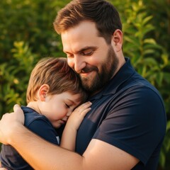 Fototapeta premium A father lovingly embraces his son during a heartwarming outdoor moment sharing a tender hug