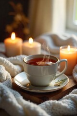Close-up of a steaming cup of herbal tea, surrounded by soft blankets and candles, creating a cozy and relaxing atmosphere perfect for unwinding , relax, peaceful