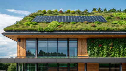 Modern building with a living green roof and solar panels