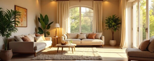 A warm and inviting interior space, bathed in sunlight, featuring comfortable furniture and soft textures, creating a serene and welcoming atmosphere , style, serene, comfortable