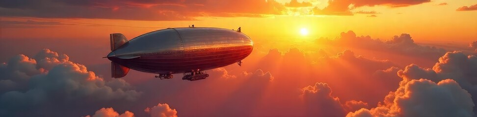 Majestic airships soaring through a vibrant sunset sky, their massive envelopes reflecting the golden light A breathtaking display of aeronautical engineering and beauty , engine, past, spectacle