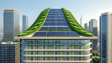 Modern skyscraper with green roof and solar panels in cityscape