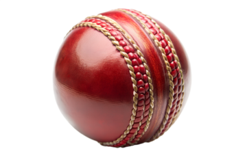 A classic red leather cricket ball with prominent stitching, isolated on a transparent background