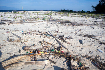 Beach Littered with Plastic Waste and Debris