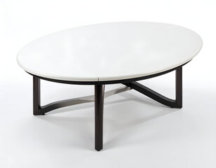 A modern oval coffee table featuring a glossy white lacquer top and a dark espresso-colored wood base, isolated on a clean white background.
