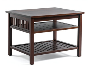 A modern dark espresso coffee table with a slatted shelf and square metal frame, isolated on a white background.