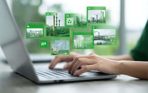 Person using laptop, viewing images of factory with environmental focus