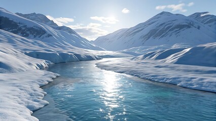 Sunlit river winding through snow covered arctic mountains