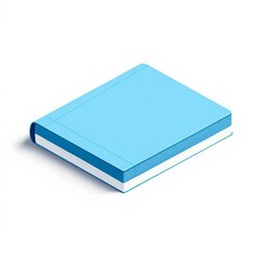 A closed light blue hardcover book with a white spine and pages lies on a white background