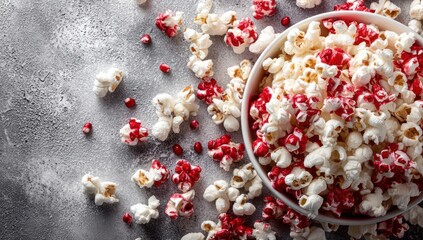 Red-tinted popcorn in white bowl, scattered on a textured gray surface, overhead shot